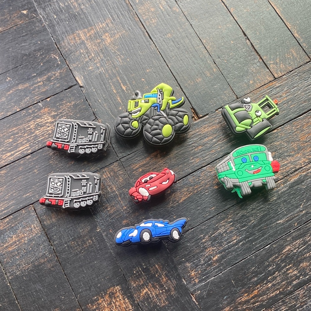 Cars, tractors, trains, school bus gibbetts jibbetts for Crocs